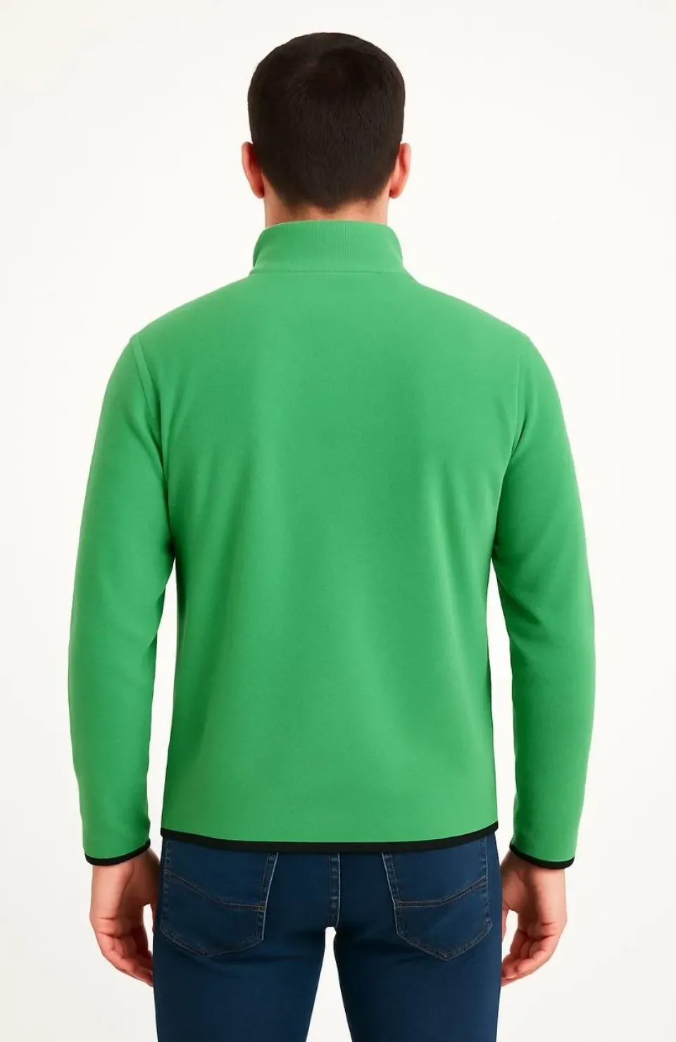 Erkek Polar Kazak – Dik Yaka, Yarım Fermuarlı, Fermuarlı Göğüs Cepli, Siyah Biyeli, Kışlık Rahat Regular Fit Günlük Model - Yeşil