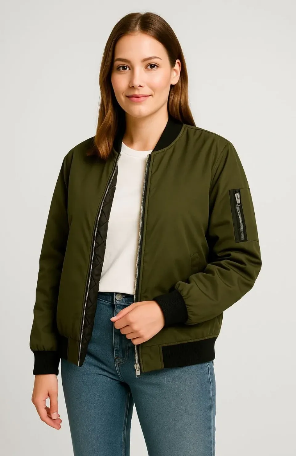 Kadın Bomber Mont Ceket – Fermuarlı, Kapitone İçi Astarlı, Su İtici Kumaş, Regular Fit, Yandan Cepli, Günlük Bahar & Kış Şık Rahat Stil - Haki