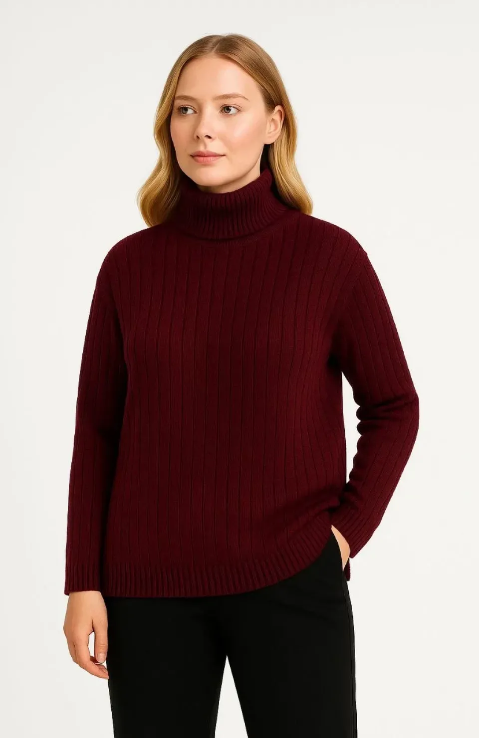 Kadın Balıkcı Yaka Bağazlı Triko Kazak Pamuklu Kalın Fitilli Dokuma - Bordo