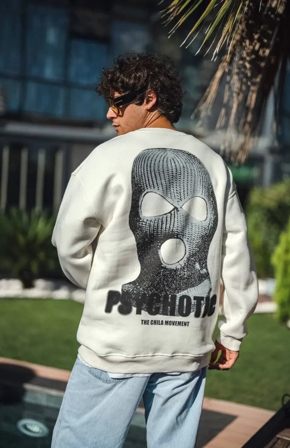 Kışlık Bisiklet Yaka Baskılı SweatShirt - Beyaz