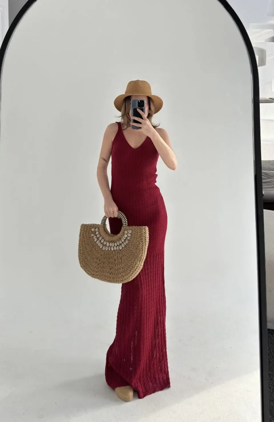 Örgülü Uzun Triko Elbise - Bordo