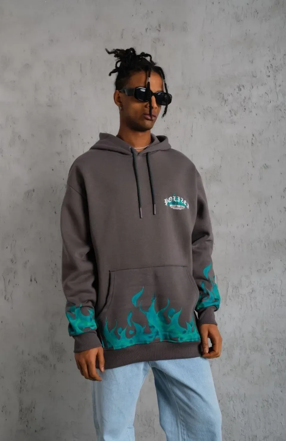 Erkek Üç İplik İçi Pamuklu Alev Baskılı Kapüşonlu Sweatshirt - Gri Somersan Giyim | Kadın, Erkek ve Çocuk Moda