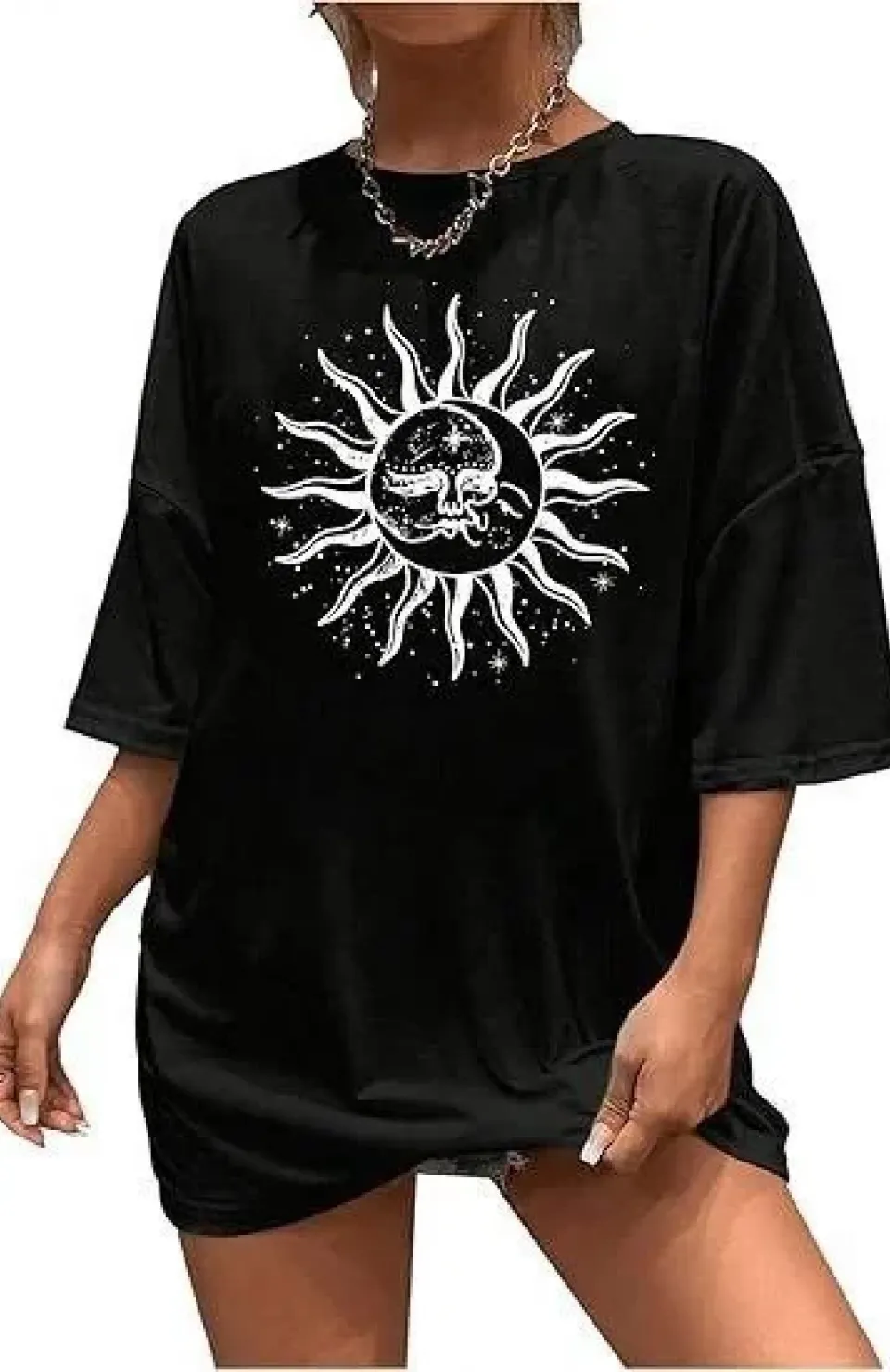 Kadın Bisiklet Yaka Baskılı T-shirt - Siyah