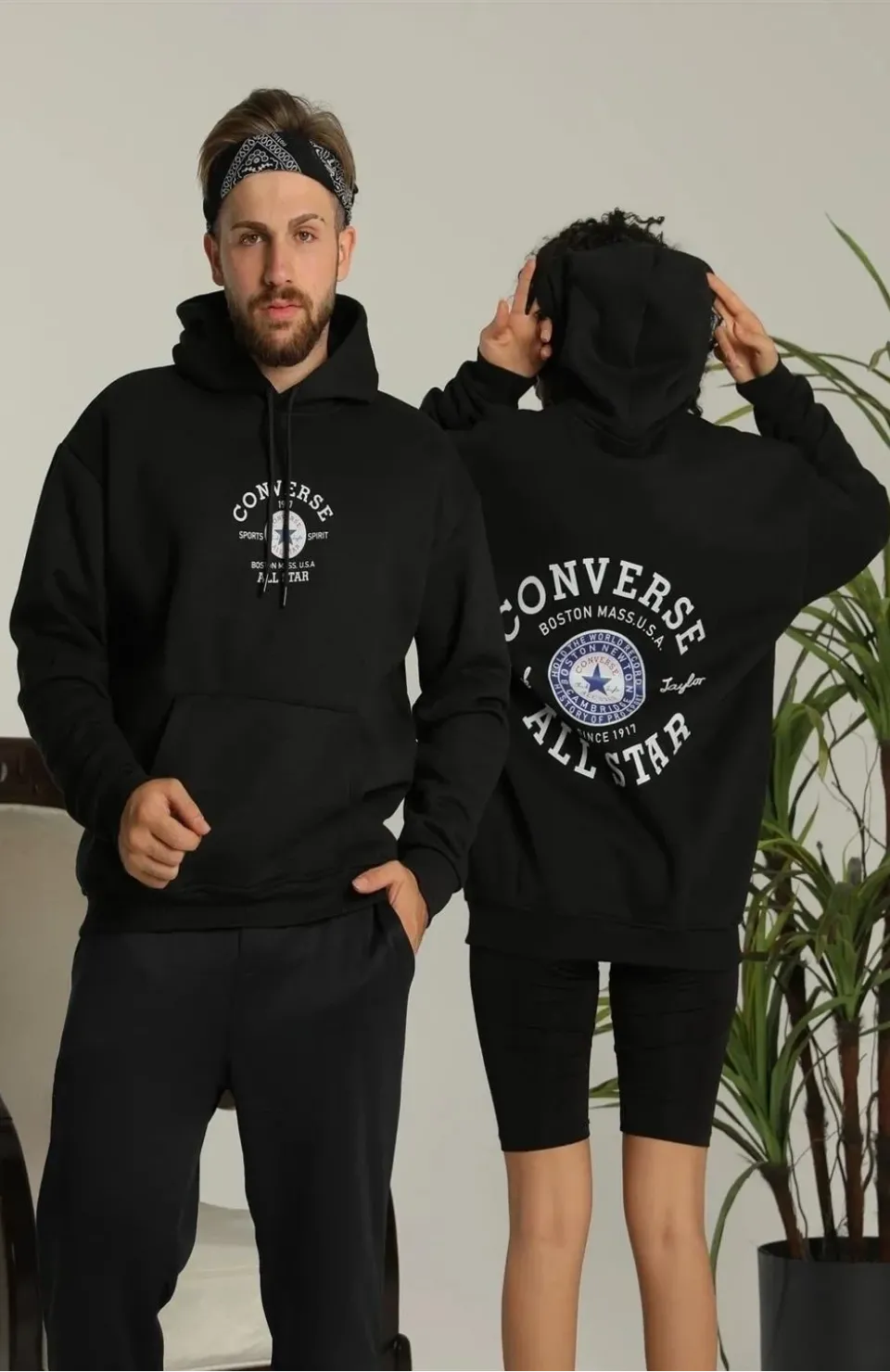 Erkek Sırt Baskılı Oversize Üç İplik Kapüşonlu Hoodie Sweatshirt - Siyah