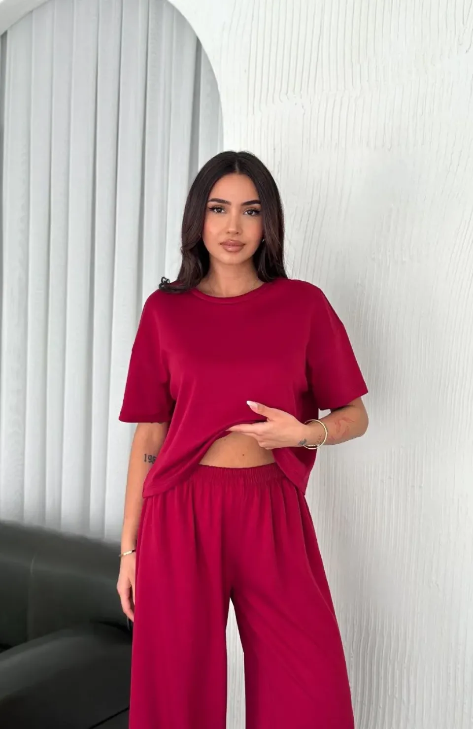 Osy Modal Yumuşak Dokulu Kumaş Bisiklet Yaka T-shirt Bol paça Pantalon ikili Takım -Bordo