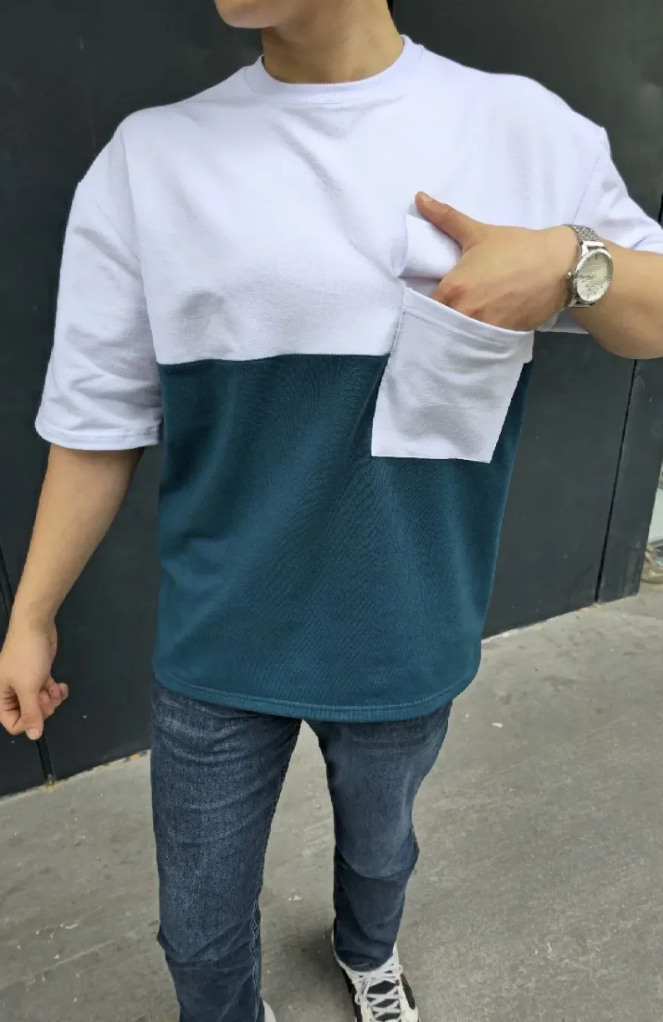 Unisex Torba Cep Detaylı Parçalı T-Shirt - Lacivert