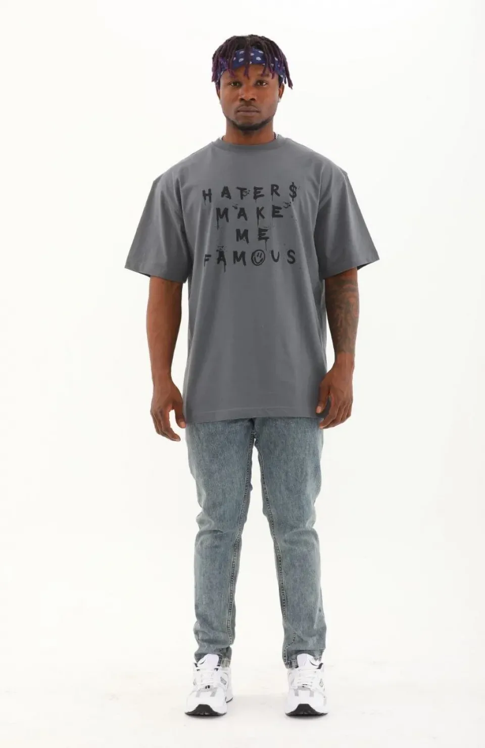 Unisex Oversize Baskılı Bisiklet Yaka T-Shirt - Füme