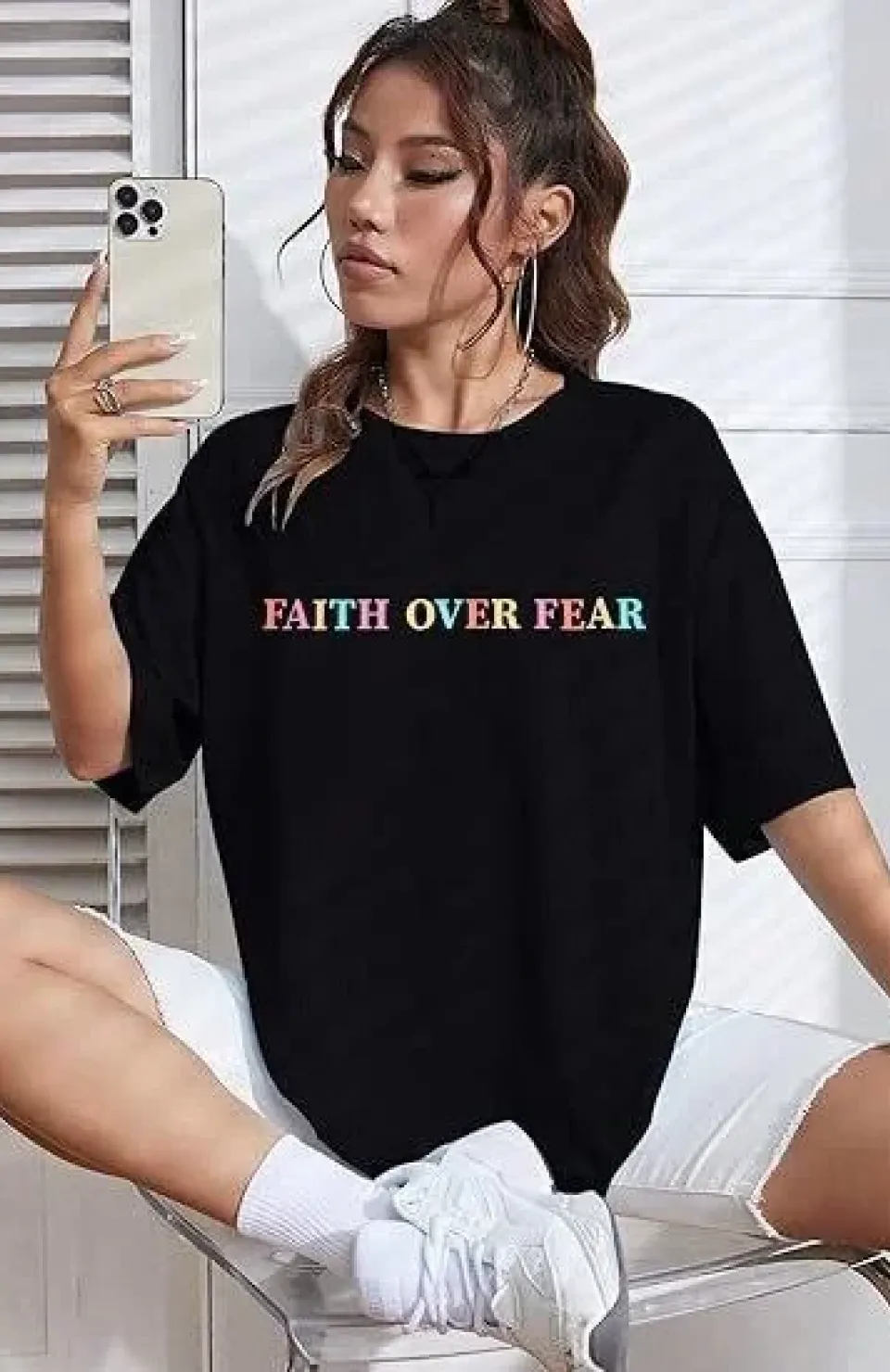 Kadın Bisiklet Yaka Baskılı T-shirt - Siyah