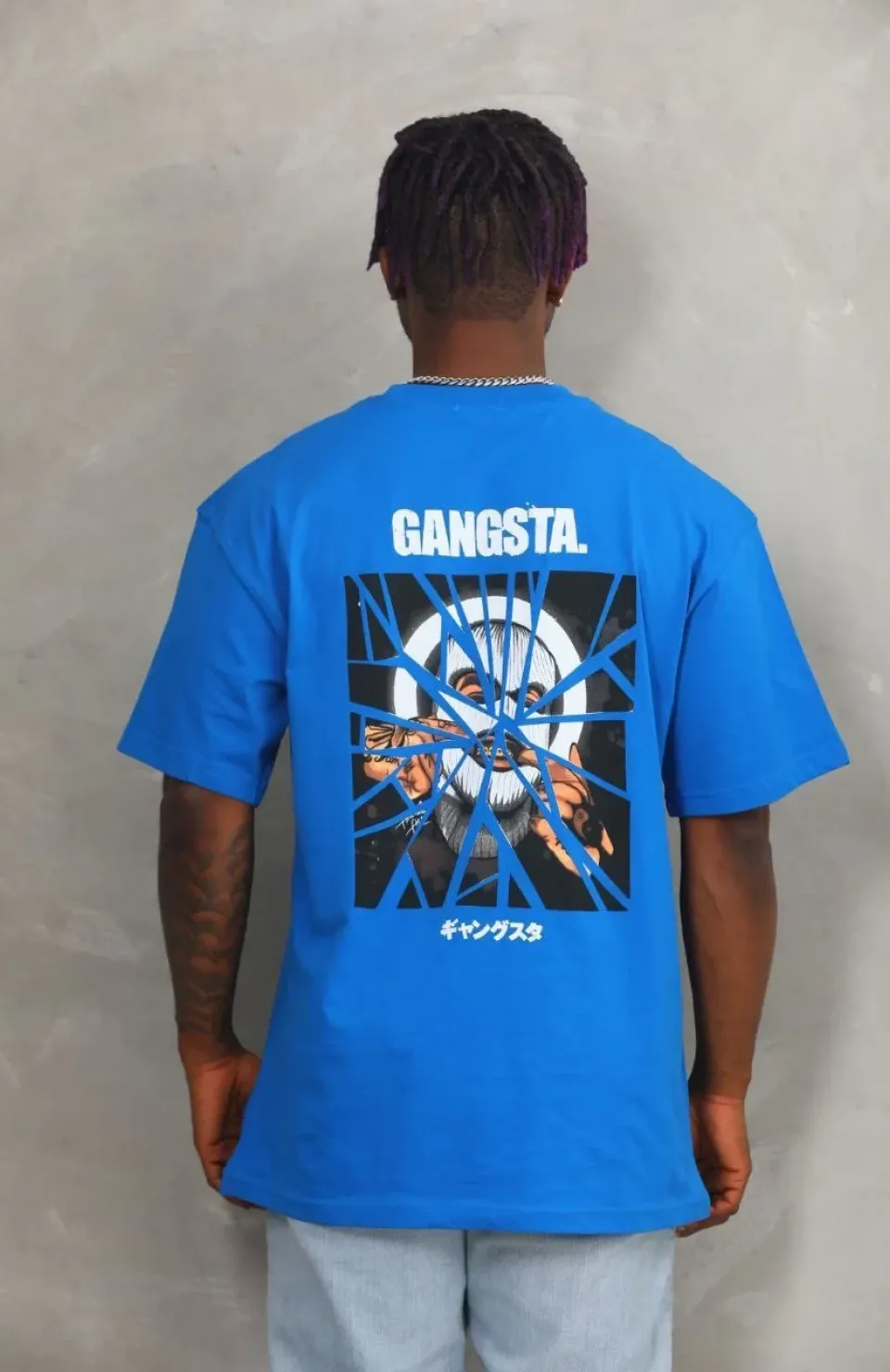 Unisex Oversize Baskılı Bisiklet Yaka T-Shirt - Mavi