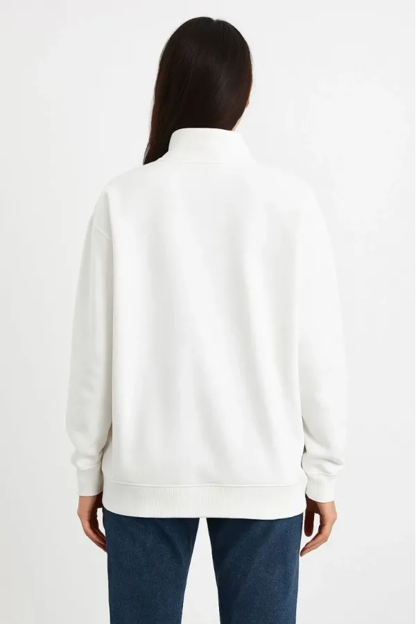 Kadın Üç İplik Dık Yaka Yarım Fermuarlı SweatShirt - Beyaz