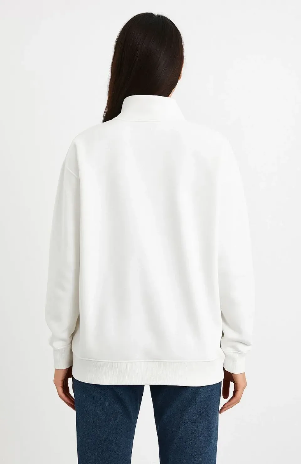 Kadın Üç İplik Dık Yaka Yarım Fermuarlı SweatShirt - Beyaz