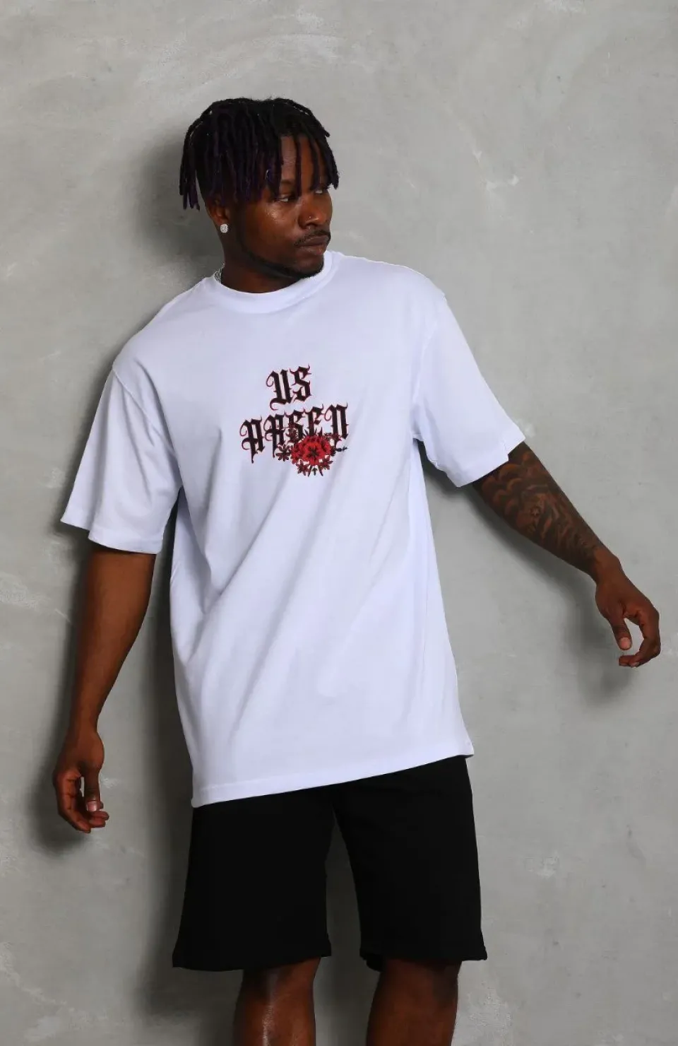 Unisex Oversize Baskılı Bisiklet Yaka T-Shirt - Beyaz