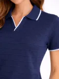 Kadın Triko Kumaş Yakalı Düğmesiz Açık Yaka Fitilli Kısa Kollu Regular Fit Tişört T-shirt - Lacivert Somersan Giyim | Kadın, Erkek ve Çocuk Moda