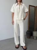 Keten Tam Fermuarlı Kısa kollu Gömlek Pantolon ikili Takım - Beyaz