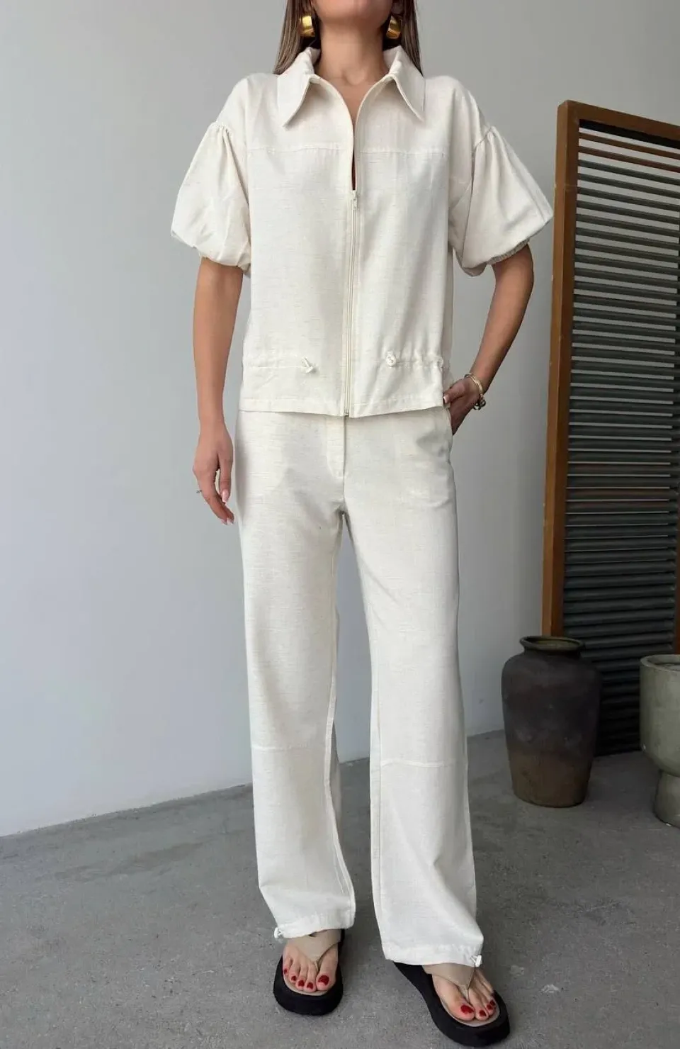 Keten Tam Fermuarlı Kısa kollu Gömlek Pantolon ikili Takım - Beyaz