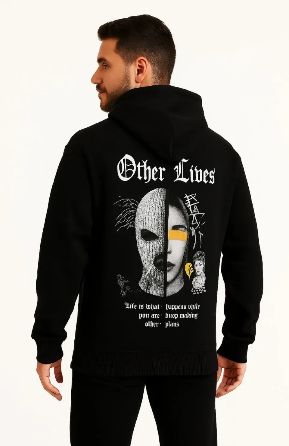 Erkek Kapşonlu Sweatshirt – Oversize Üç İplik Şardonlu Hoodie, “Other Lives” Ön & Arka Baskılı, Kanguru Cepli, Kışlık Rahat Günlük Stil - Siyah