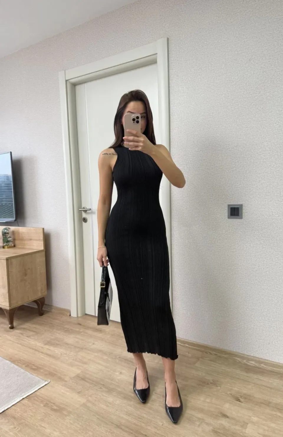 Fitilli Triko Elbise Kolsuz Sırtı Kapalı Maxi Uzun Boy - Siyah