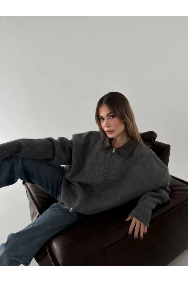 Deri Yakalı Pamuk dokulu Çift Taraflı Çalışan Fermuar Ceket - Füme