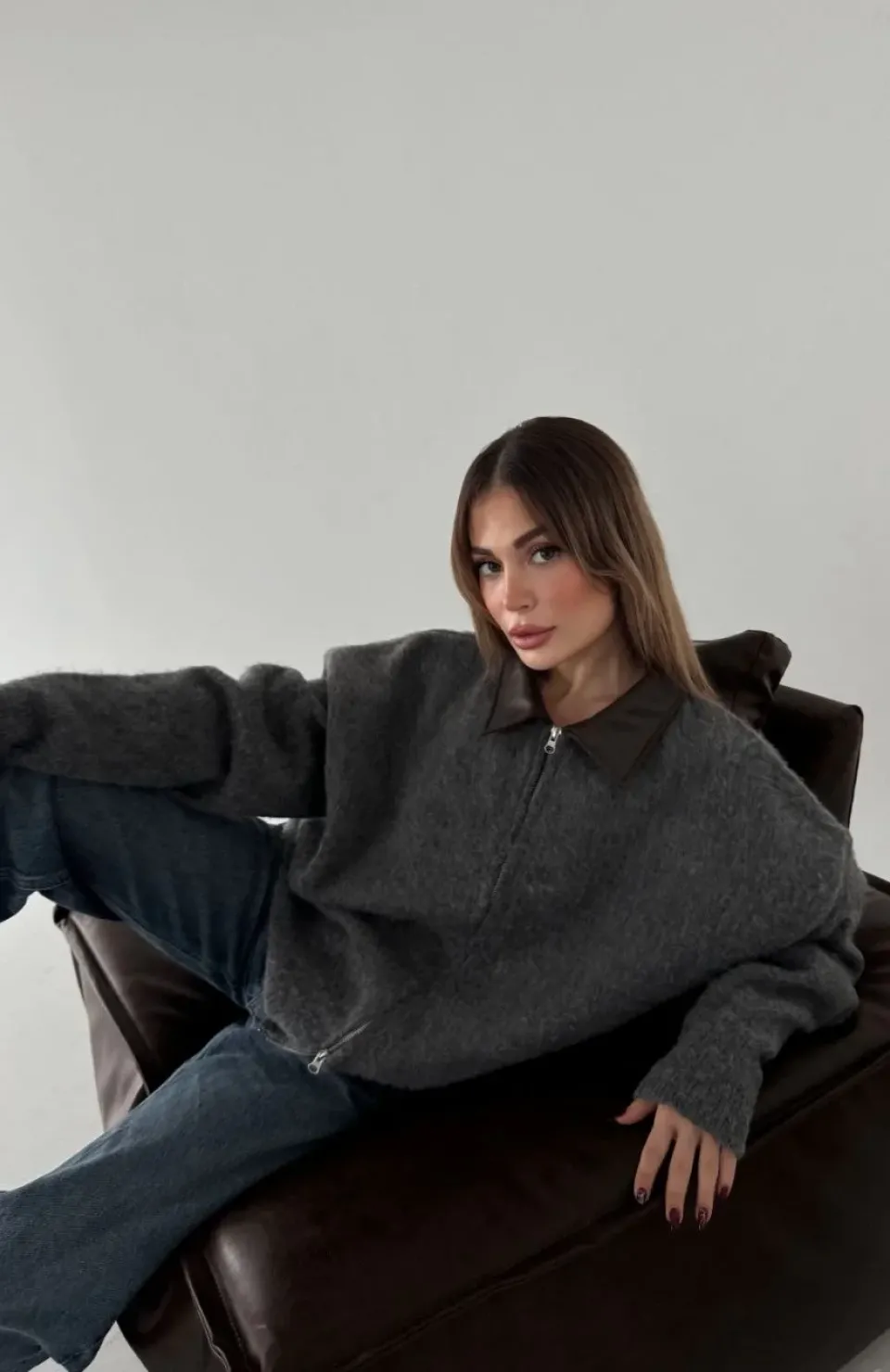 Deri Yakalı Pamuk dokulu Çift Taraflı Çalışan Fermuar Ceket - Füme