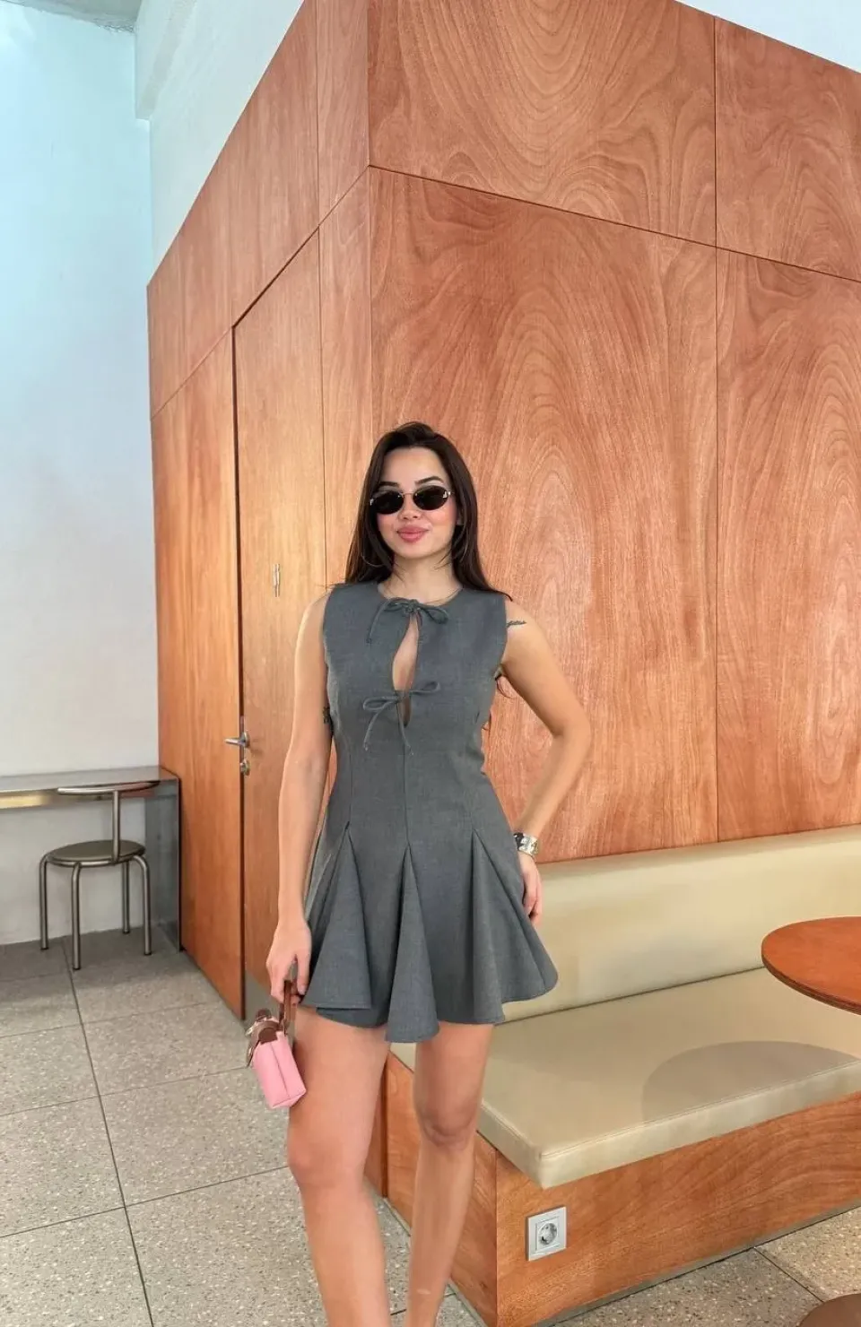 Bağcık detaylı Kolsuz Mini Elbise - Antrasit