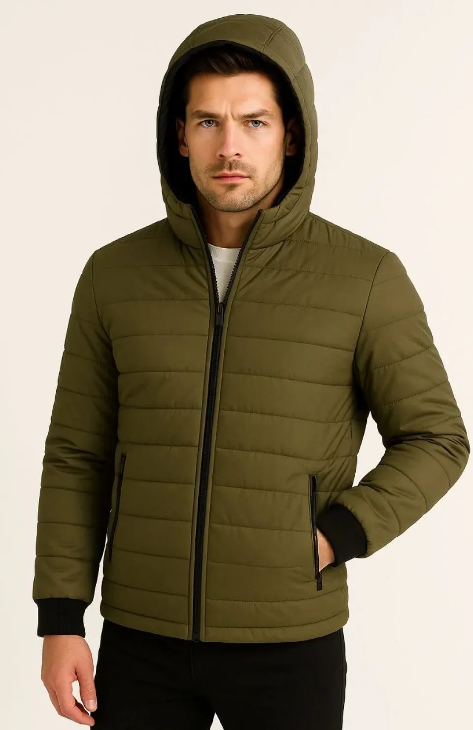 Erkek Şişme Kapüşonlu Fermuarlı Mont Su itici Kapitone Astarlı Kumaş Cepli Kışlık Rahat Kalıp - Haki Somersan Giyim | Kadın, Erkek ve Çocuk Moda