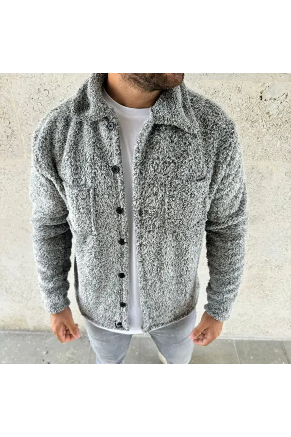 Erkek Pelüş Polar Hırka Gömlek – Yakalı, İlik Düğmeli, Göğüs Cepli, Yumuşak Dokulu Kışlık Regular Fit Rahat Günlük Model - Gri