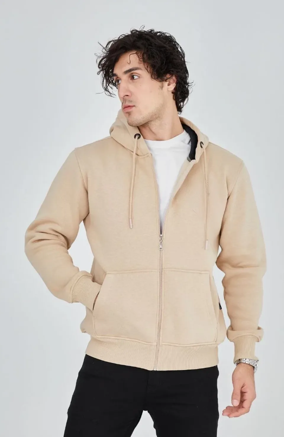 Unisex Tam Fermuarlı Kapşonlu  SweatShirt - Bej