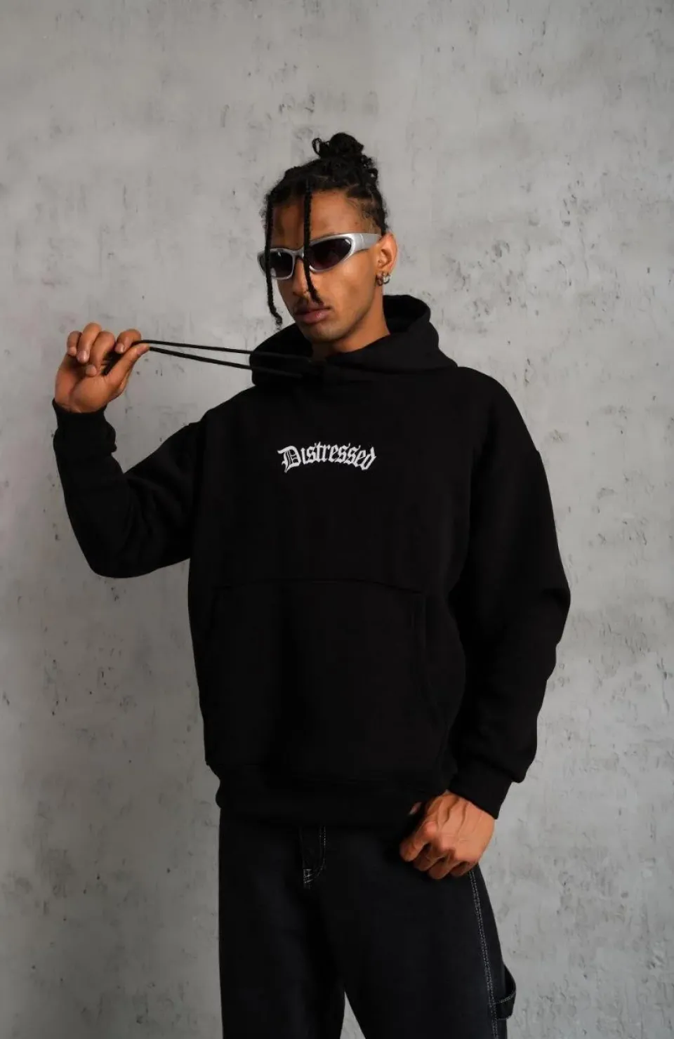 Erkek Üç İplik Baskılı Kapüşonlu Sweat - Siyah