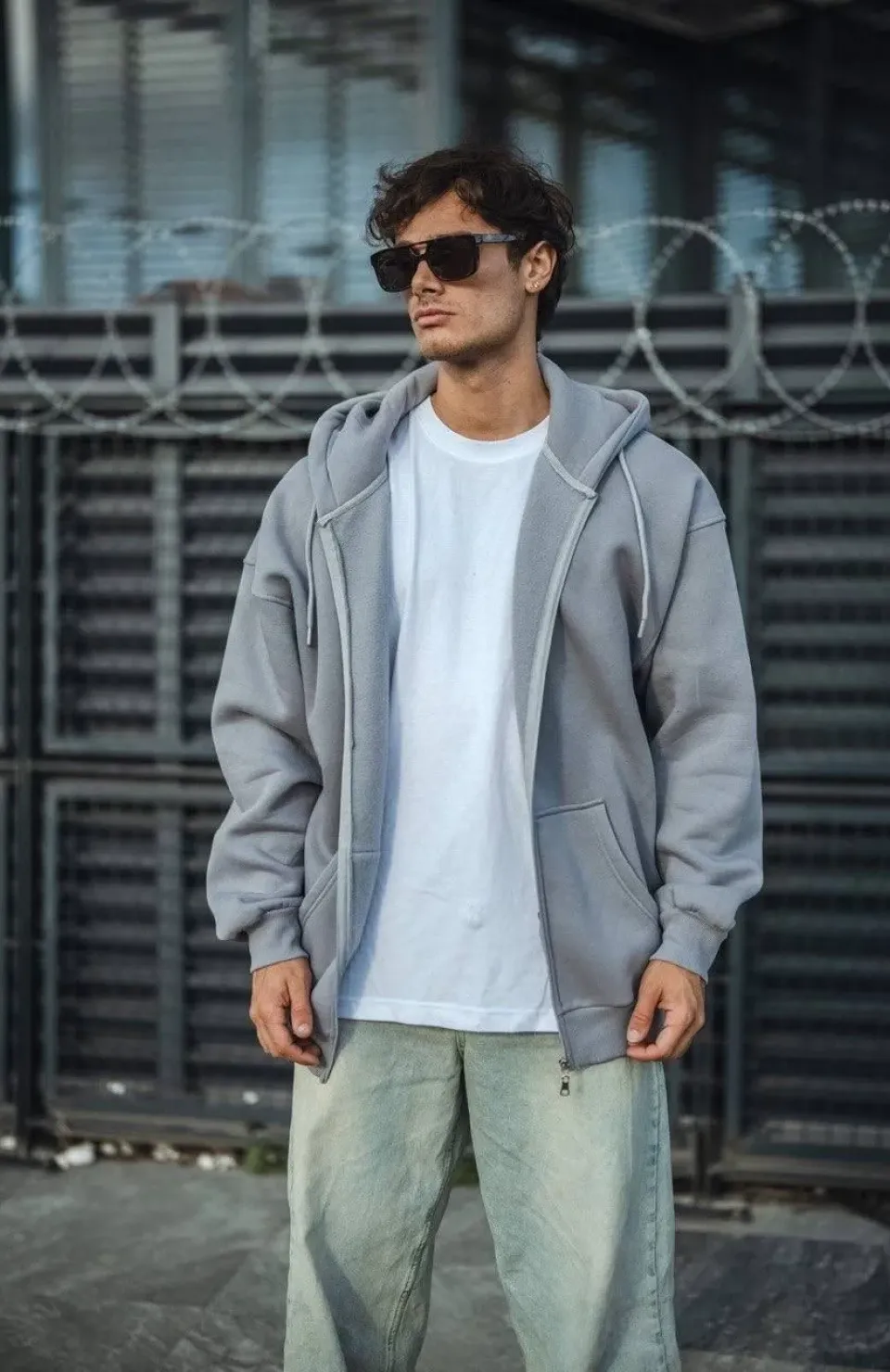 Oversize Tam Fermuarlı Uzun Kol Hırka - Gri Somersan Giyim | Kadın, Erkek ve Çocuk Moda