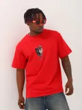 Unisex Oversize Baskılı Bisiklet Yaka T-Shirt - Kırmızı