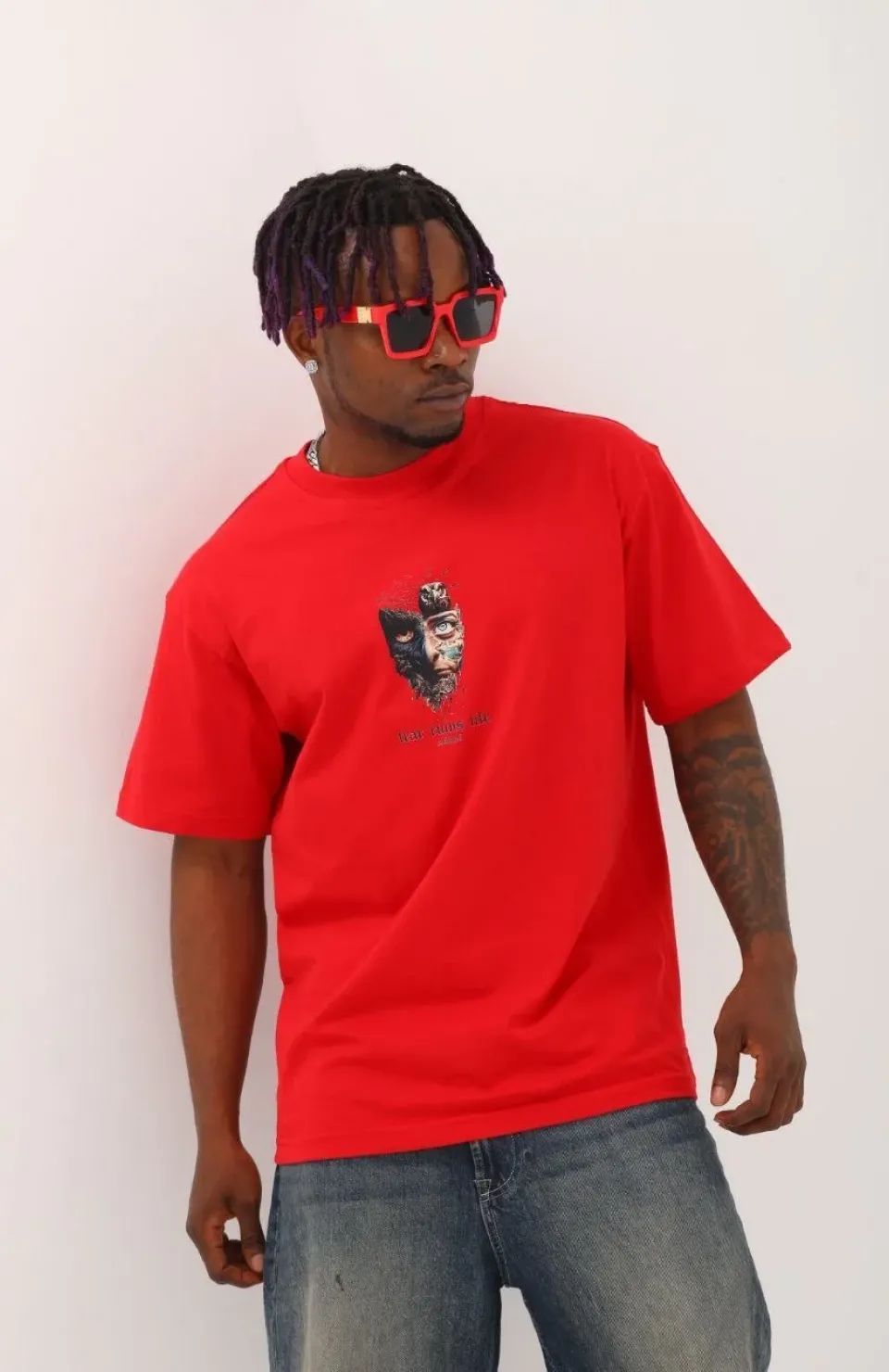 Unisex Oversize Baskılı Bisiklet Yaka T-Shirt - Kırmızı