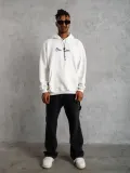 Erkek Oversize Üç İplik Şardonlu Kapüşonlu Sweatshirt – Beyaz “Other Lives” Ön ve Arka Baskılı, Kanguru Cepli, Ribanalı Rahat Kışlık Model Beyaz