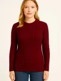 Kadın Bisiklet Yuvarlak Yaka Triko Kazak Pamuklu Kalın Fitilli Dokuma, Regular Fit Uzun Kollu Kışlık Model - Bordo