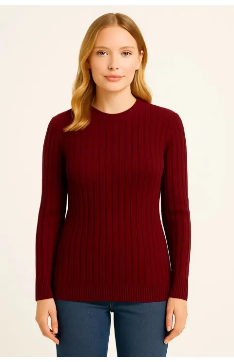 Kadın Bisiklet Yuvarlak Yaka Triko Kazak Pamuklu Kalın Fitilli Dokuma, Regular Fit Uzun Kollu Kışlık Model - Bordo