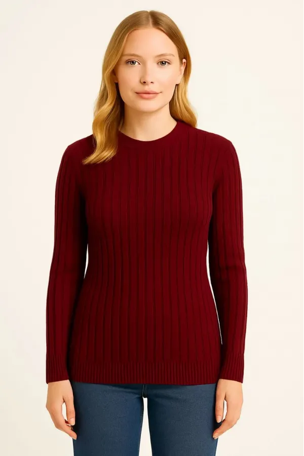 Kadın Bisiklet Yuvarlak Yaka Triko Kazak Pamuklu Kalın Fitilli Dokuma, Regular Fit Uzun Kollu Kışlık Model - Bordo