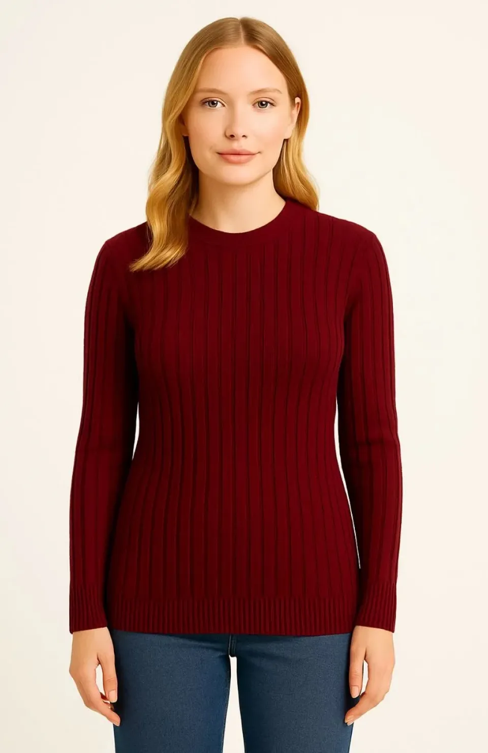 Kadın Bisiklet Yuvarlak Yaka Triko Kazak Pamuklu Kalın Fitilli Dokuma, Regular Fit Uzun Kollu Kışlık Model - Bordo