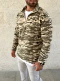 Erkek Yarım Fermuarlı Desenli Polar Sweat – Haki Kamuflaj Yakalı, Uzun Kollu, Oversize Rahat Kalıp - Haki