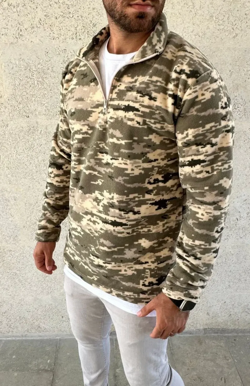 Erkek Yarım Fermuarlı Desenli Polar Sweat – Haki Kamuflaj Yakalı, Uzun Kollu, Oversize Rahat Kalıp - Haki