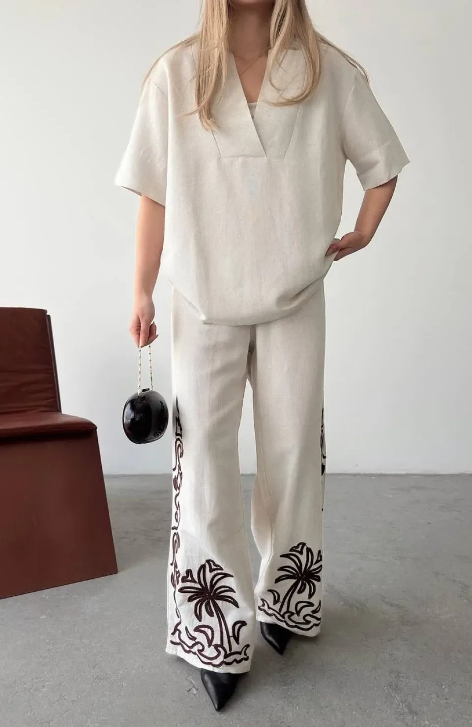 Keten Kısa kolu V Yaka Bluz Pantolon ikili Takım- Beyaz