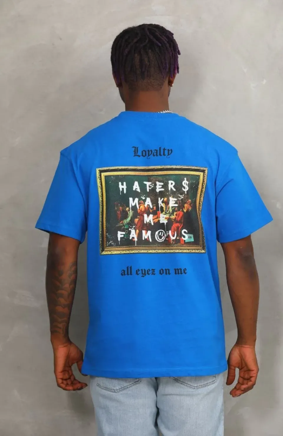 Unisex Oversize Baskılı Bisiklet Yaka T-Shirt - Mavi