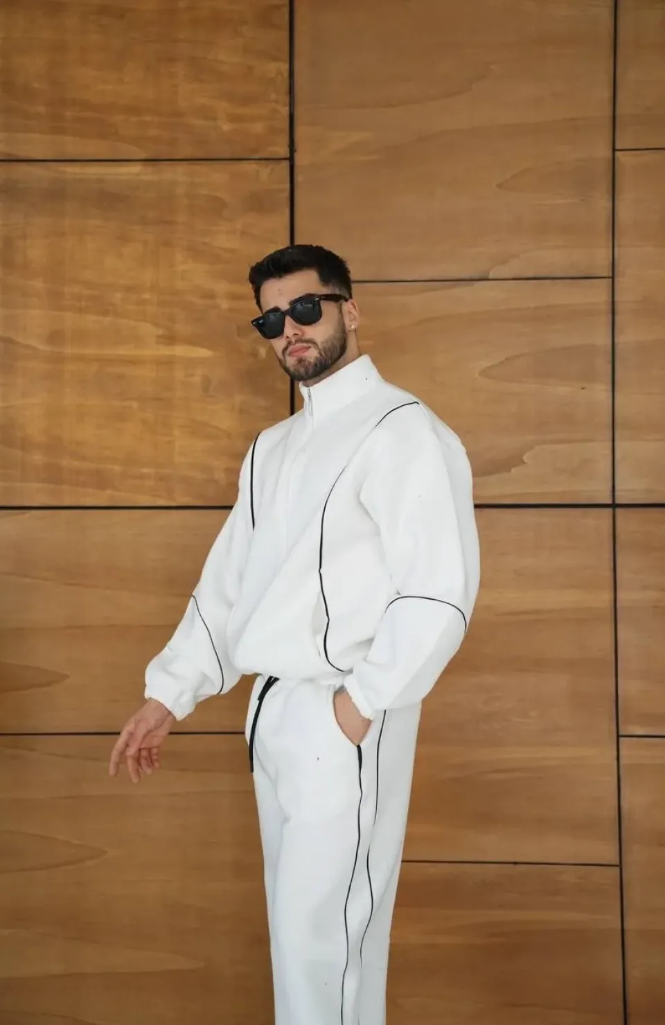 Erkek Premium Parçalı Eşofman Takım - Dik Yaka Fermuarlı Biyeli Sweatshirt Lastik Paça Alt, Oversize 3 iplik Şardonlu - Beyaz