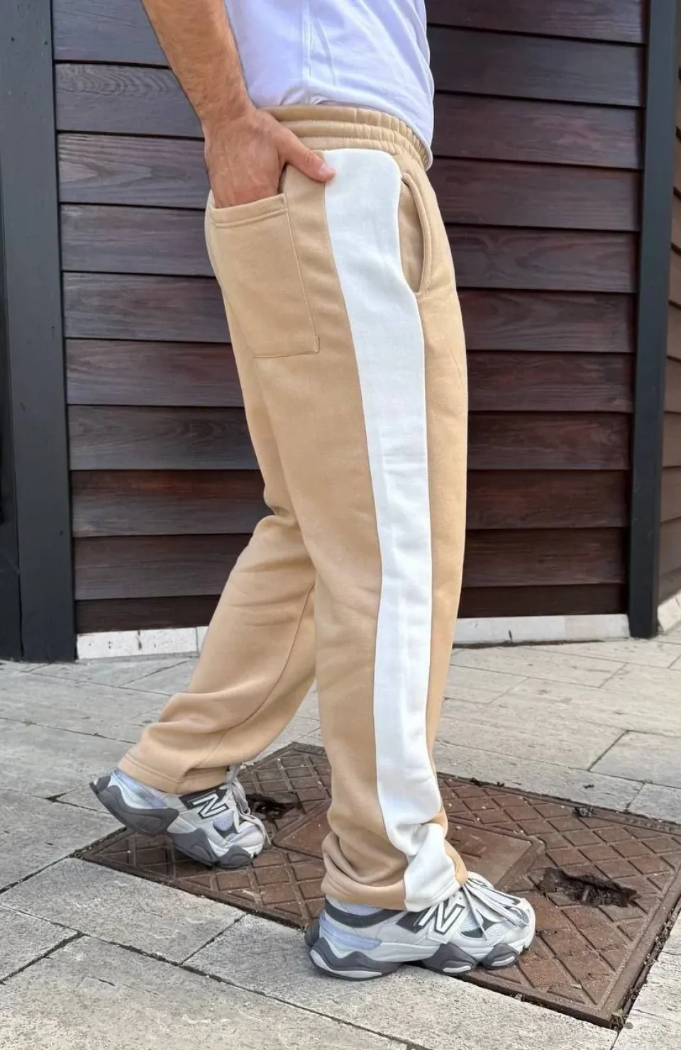 Erkek Üç İplik Kışlık Pamuklu Yandan Garneli Kalın Şeritli Cepli Eşofman Altı - Bej