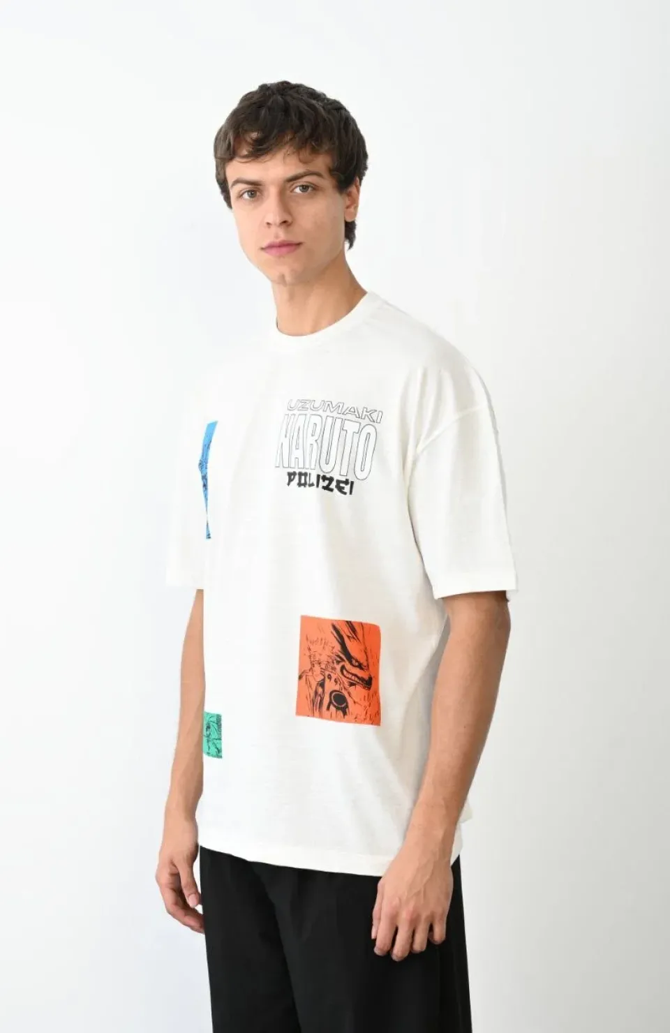 Unisex Bisiklet Yaka Baskılı Oversize T-Shirt - Beyaz