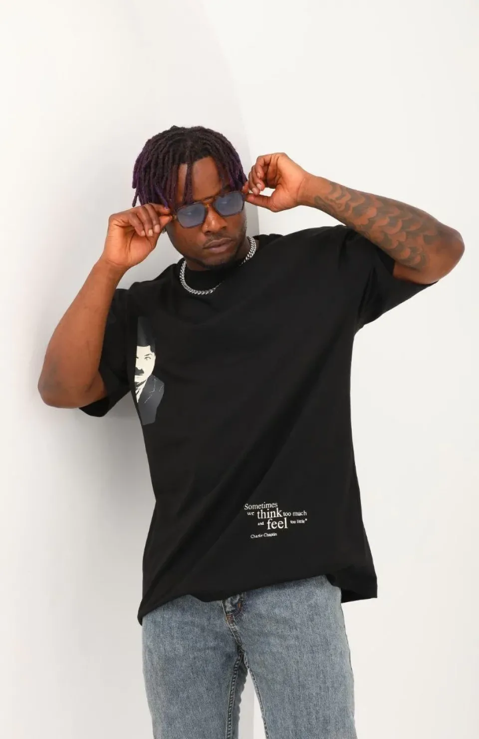 Unisex Oversize Baskılı Bisiklet Yaka T-Shirt - Siyah