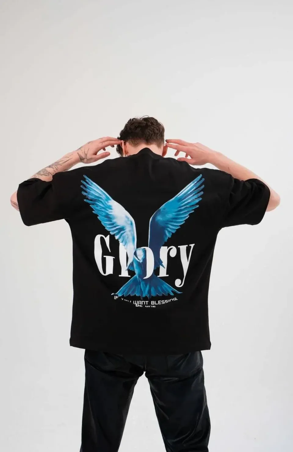 Unisex Bisiklet Yaka Baskılı Oversize T-Shirt - Siyah