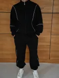 Erkek Premium Parçalı Eşofman Takım - Dik Yaka Fermuarlı Biyeli Sweatshirt Lastik Paça Alt, Oversize 3 iplik Şardonlu - Siyah
