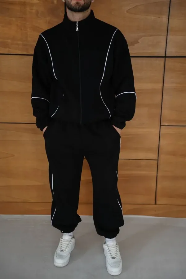 Erkek Premium Parçalı Eşofman Takım - Dik Yaka Fermuarlı Biyeli Sweatshirt Lastik Paça Alt, Oversize 3 iplik Şardonlu - Siyah