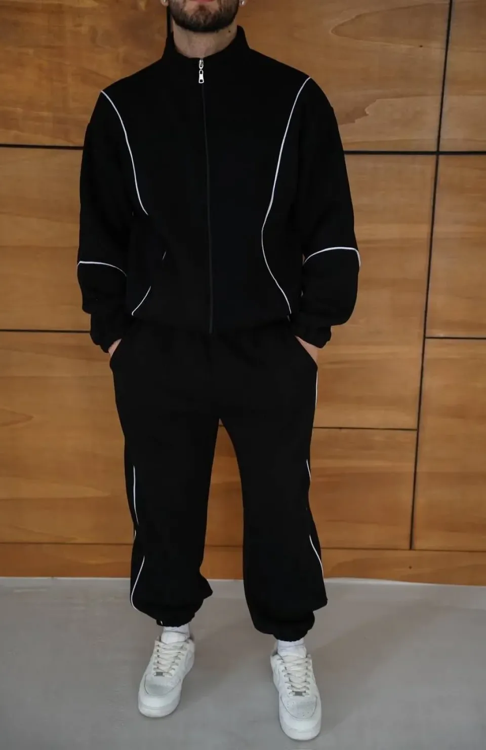 Erkek Premium Parçalı Eşofman Takım - Dik Yaka Fermuarlı Biyeli Sweatshirt Lastik Paça Alt, Oversize 3 iplik Şardonlu - Siyah