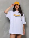 Unisex Bisiklet Yaka Baskılı Oversize T-Shirt - Beyaz