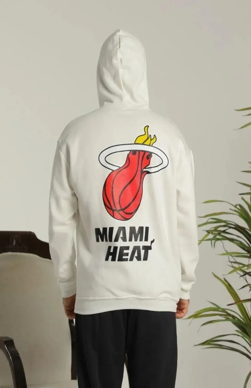 Erkek Sırt Baskılı Oversize Üç İplik Kapüşonlu Sweatshirt - Beyaz